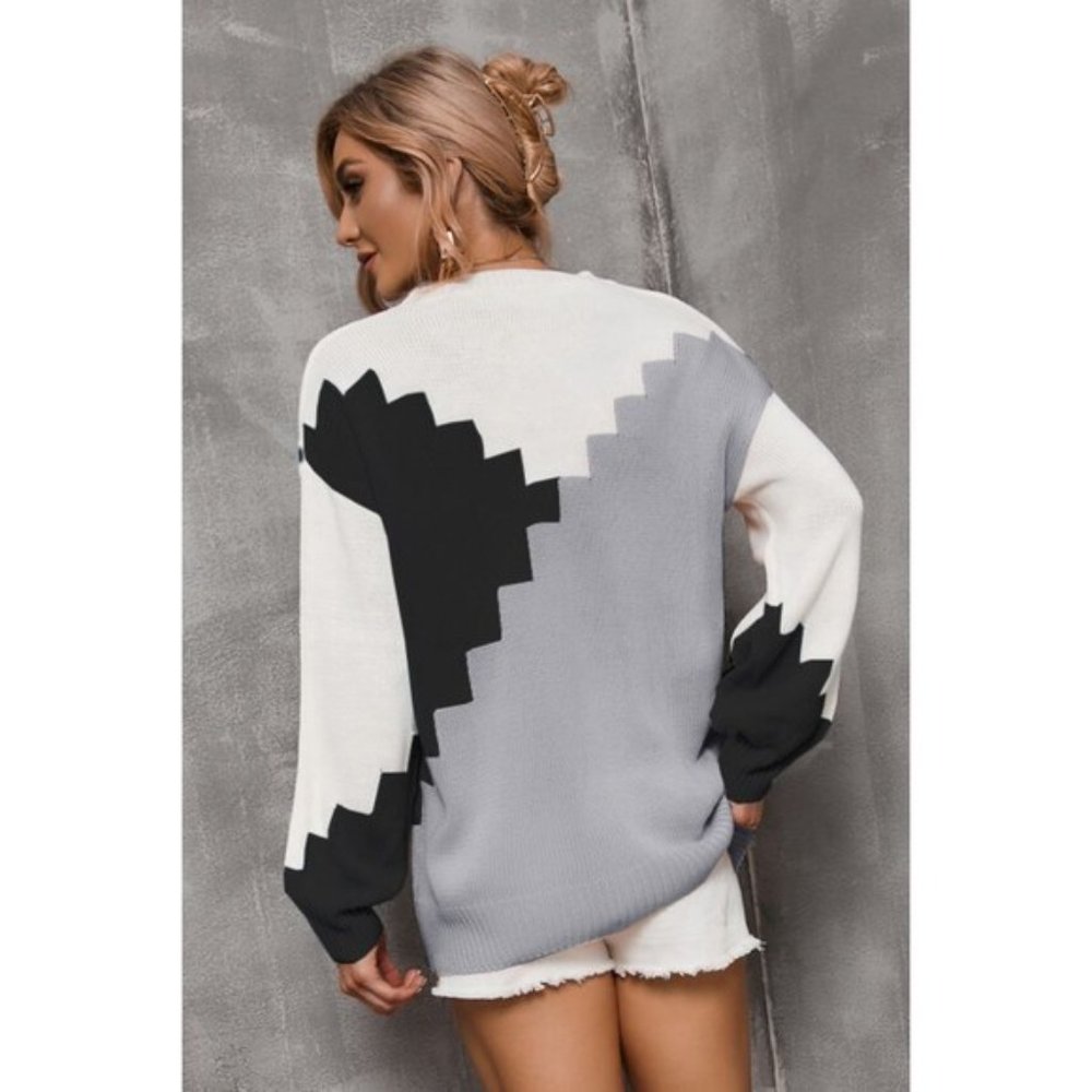Color Block Dropped Shoulder Knit Pullover - Picture 8 of 12